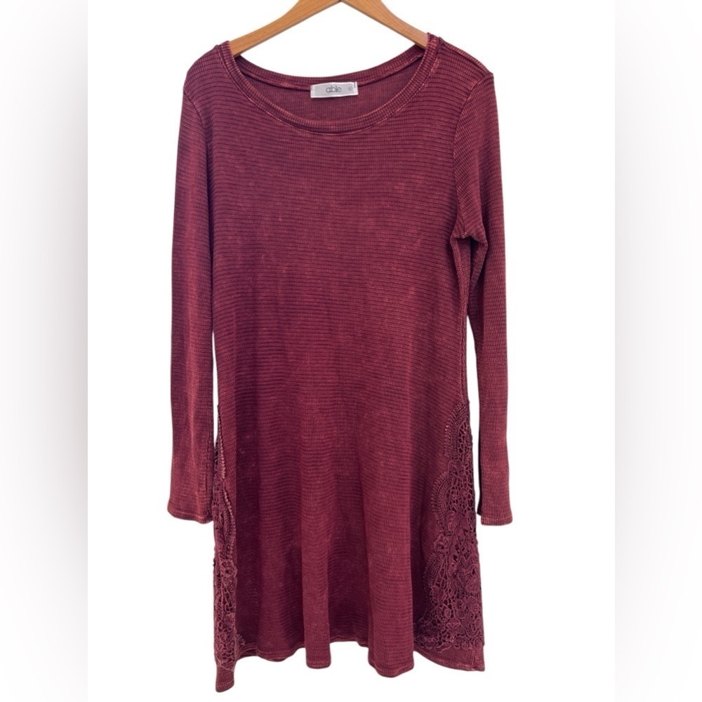 ABLE Waffle Thermal Knit Dress Stretch Lace Crochet Sleeve Size XL